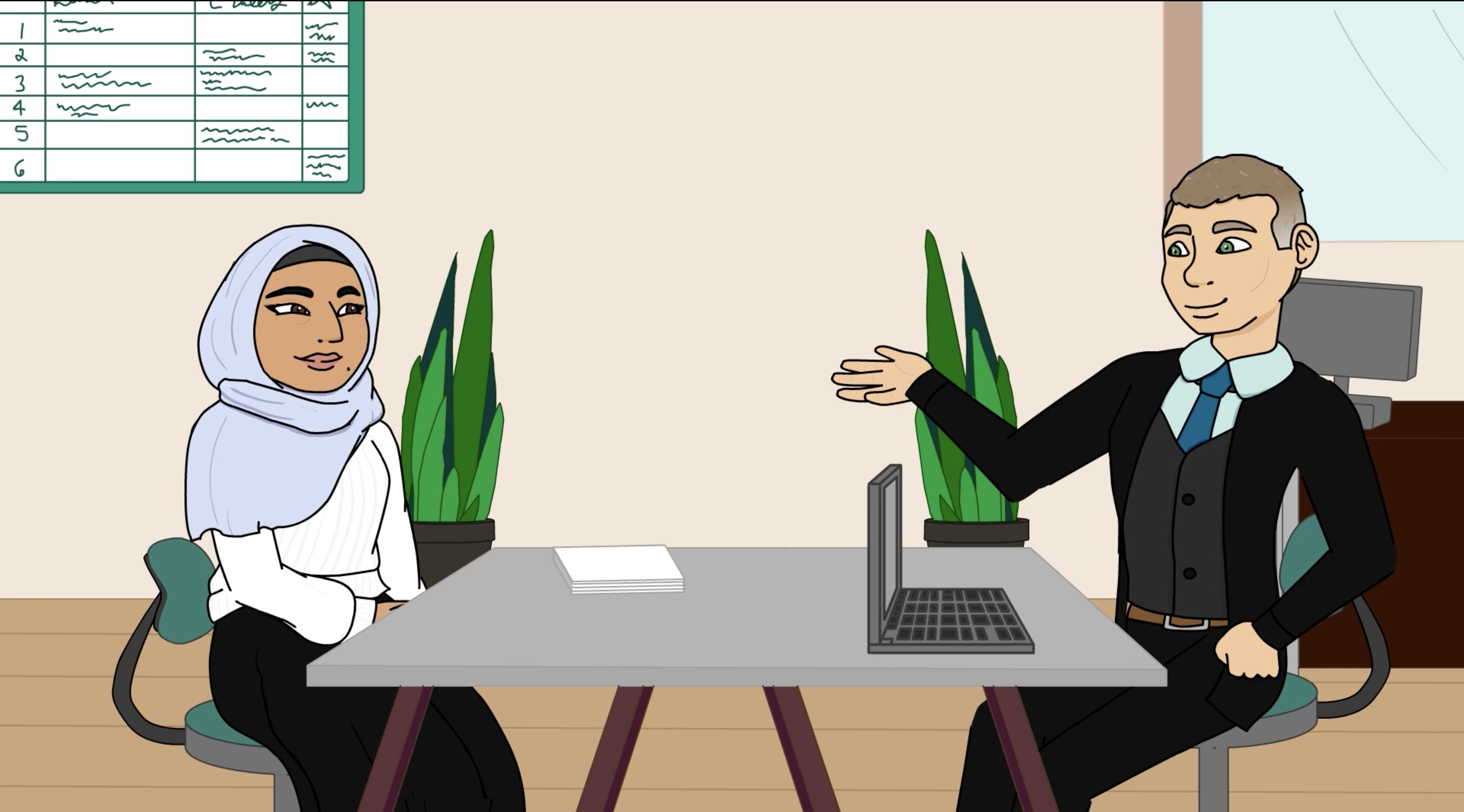 A female employee reacts to inappropriate comments made by a male superior about her hijab.